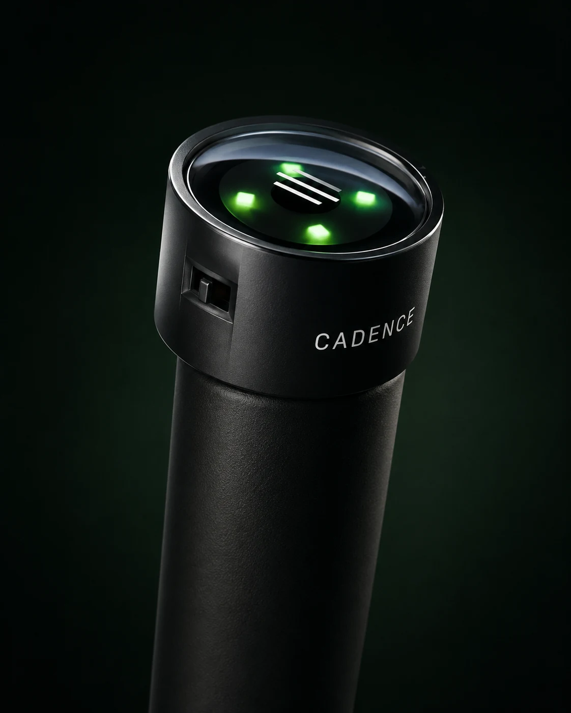 Close-up product visualization of Cadence with its illuminated LEDs, mounted on a textured black pistol grip