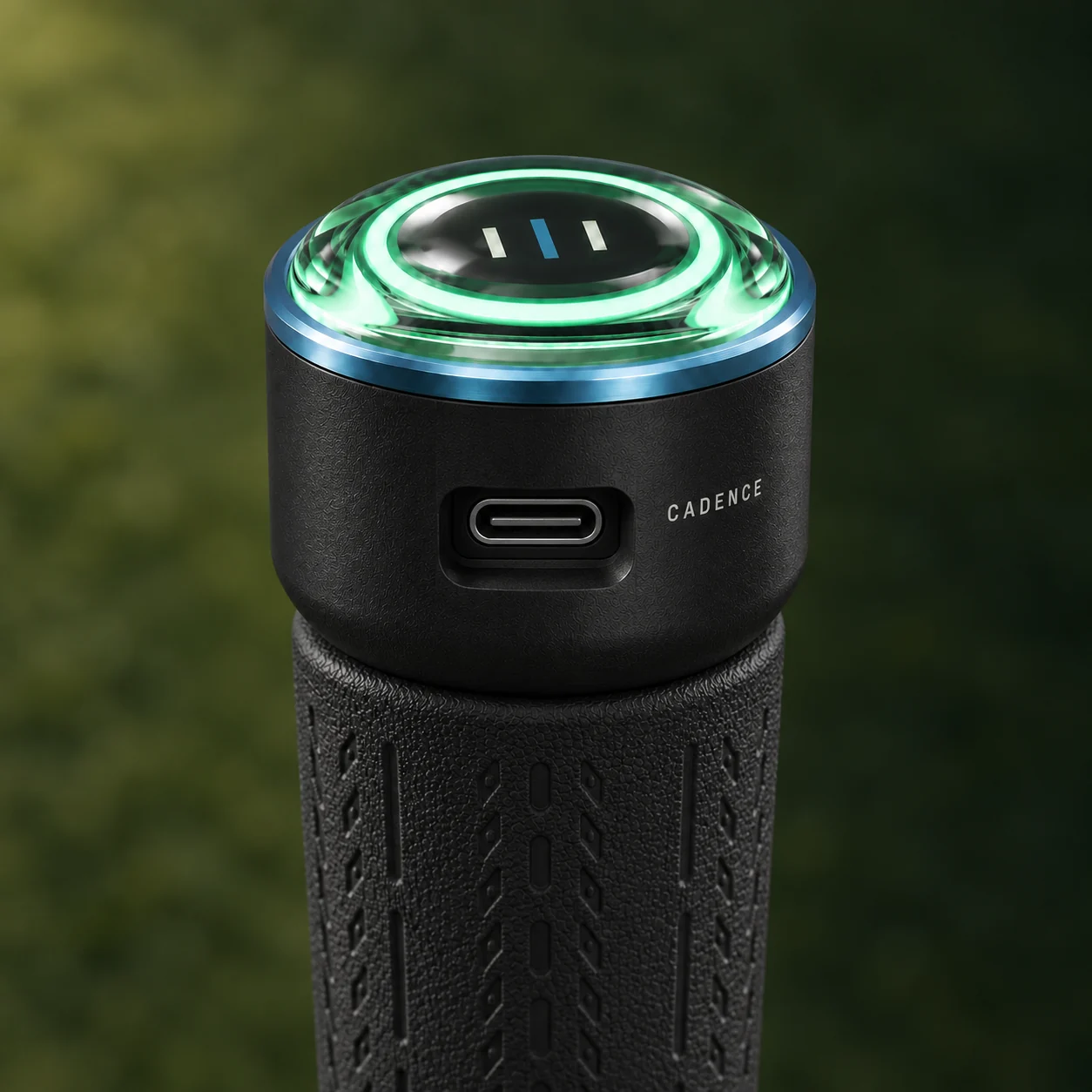 Rear three-quarter product visualization of Cadence on a textured black grip, with its USB-C socket and illuminated ring visible