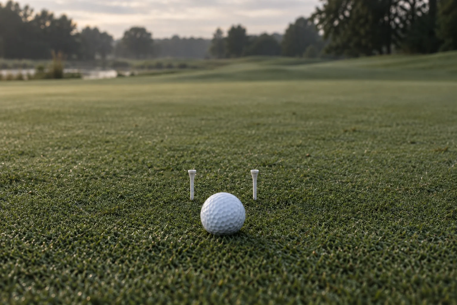 A golf ball facing a narrow gate formed by two tees on a green, editorial illustration