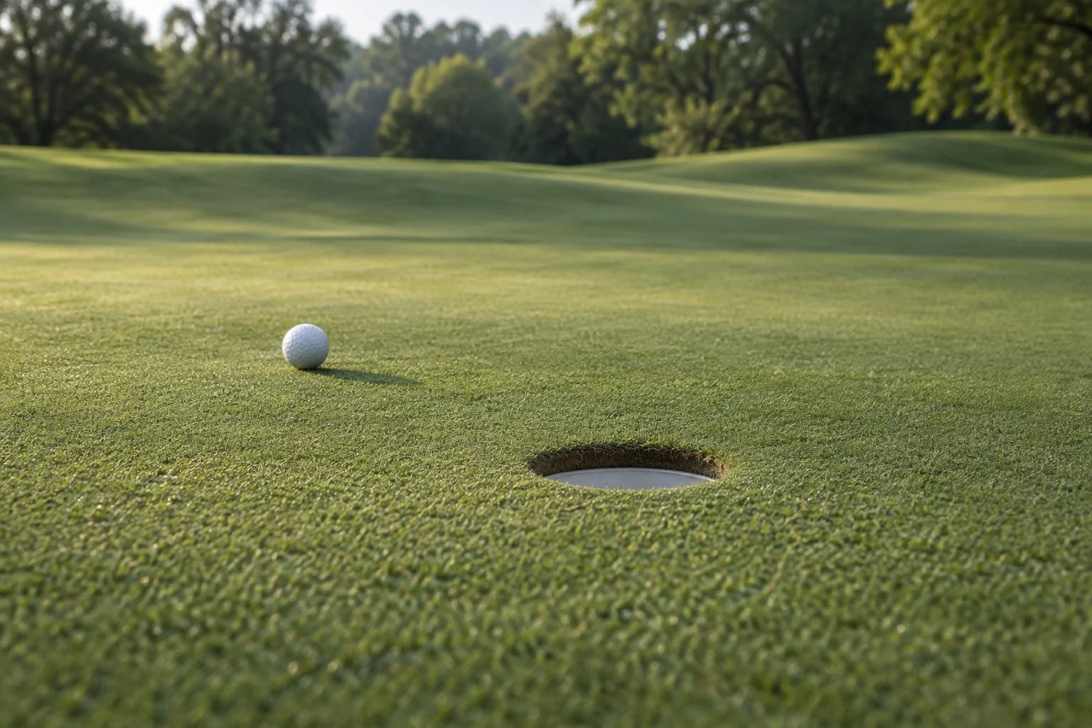 Golf ball and cup on a gently sloping green, editorial illustration