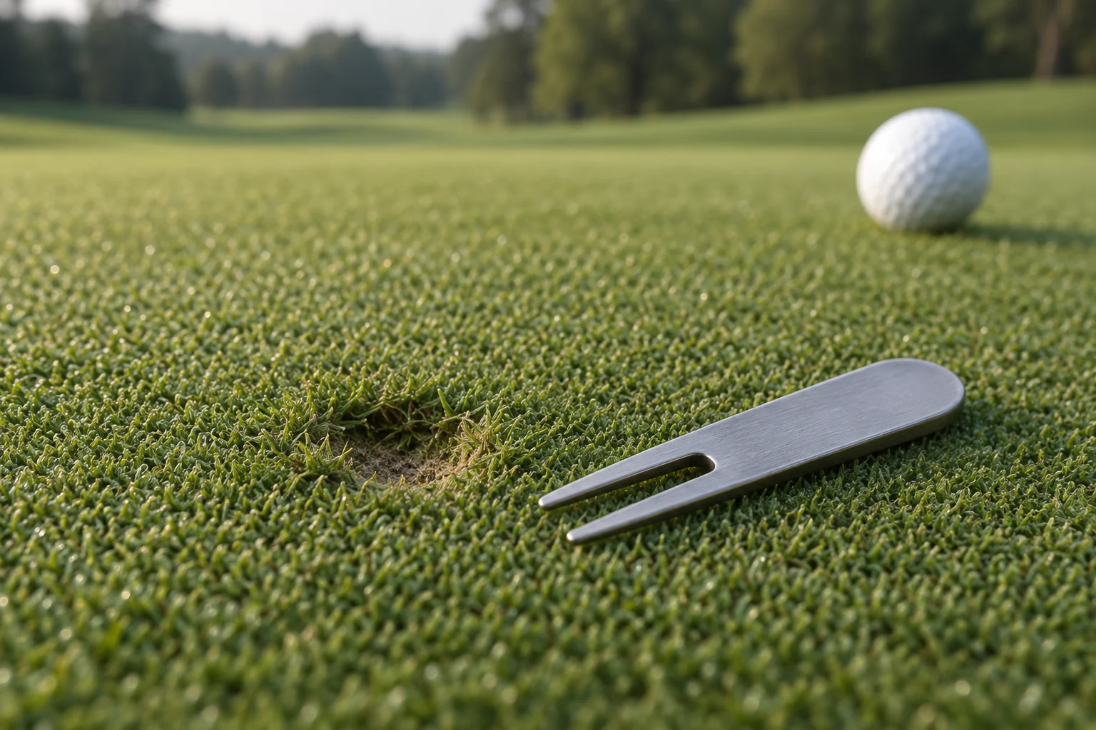 Two-prong repair tool beside a small pitch mark on a green, editorial illustration