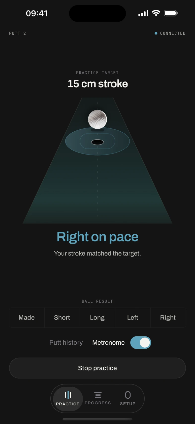 Cadence app practice screen showing a 15 cm stroke target, Right on pace feedback and metronome controls