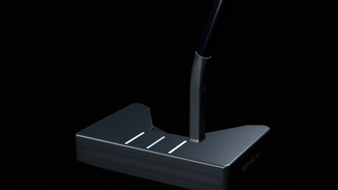 Full STILL putter head and hosel viewed in its address orientation